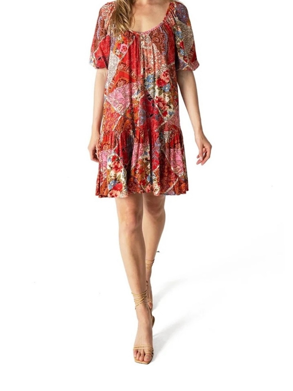 Love Stitch Red Patchwork Floral Boho Mini Dress